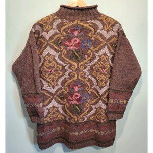 Vtg Express Tricot Wool Blend Mock Neck Tunic Sweater Brown Floral Sz M